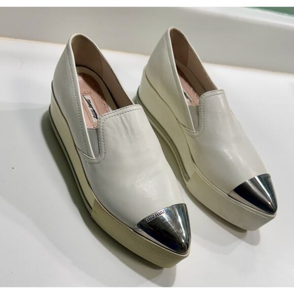 Miu Miu Platform Slip on Sneakers White Leather Silver Toe Cap - Picture 1 of 6